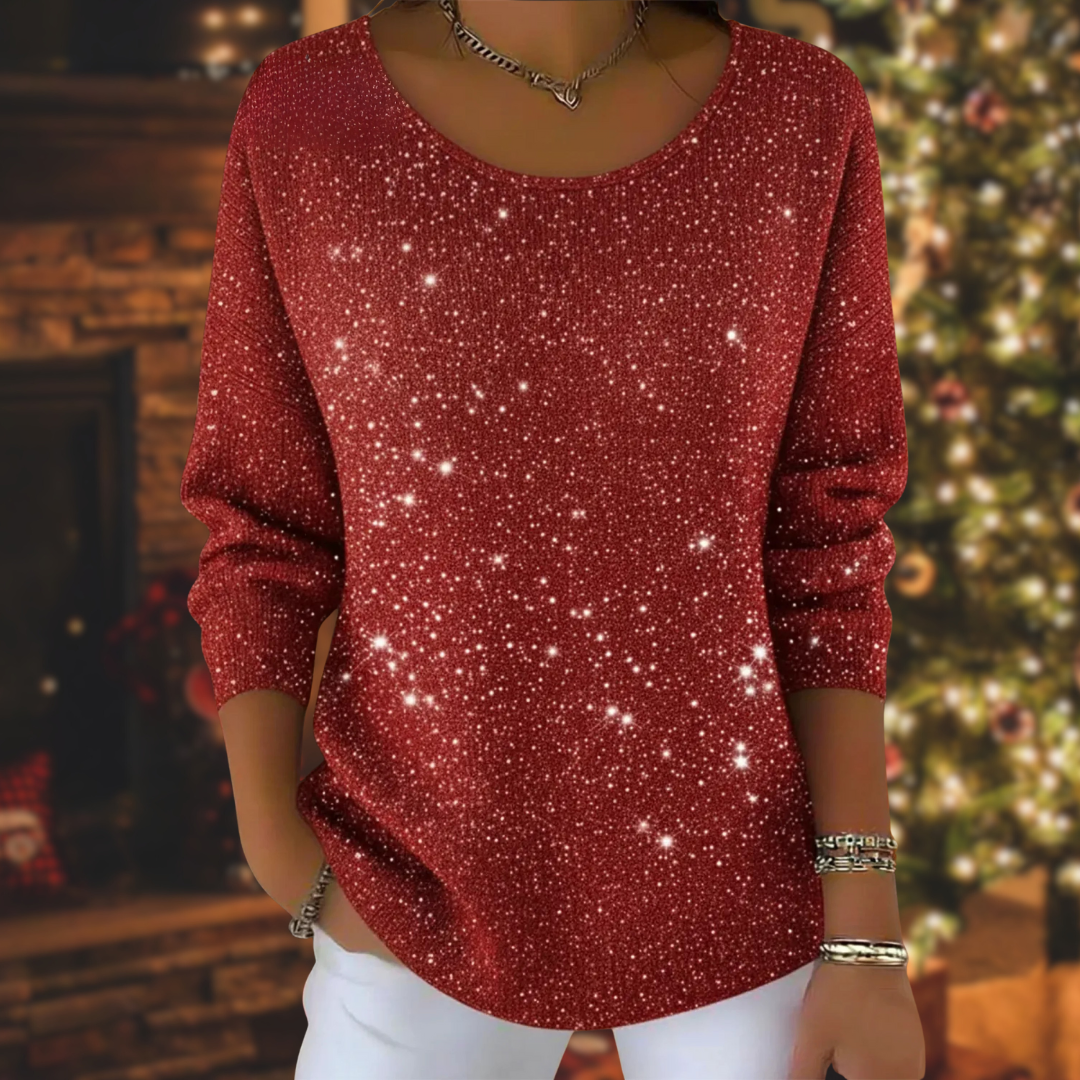 EWA | Świąteczny Blużek z Dzianiny z Brokatem i Okrągłym Dekoltem