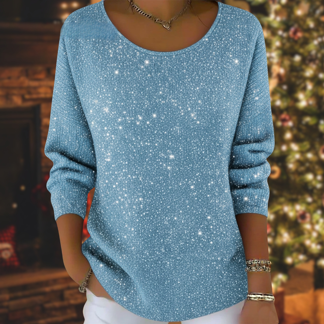 EWA | Świąteczny Blużek z Dzianiny z Brokatem i Okrągłym Dekoltem