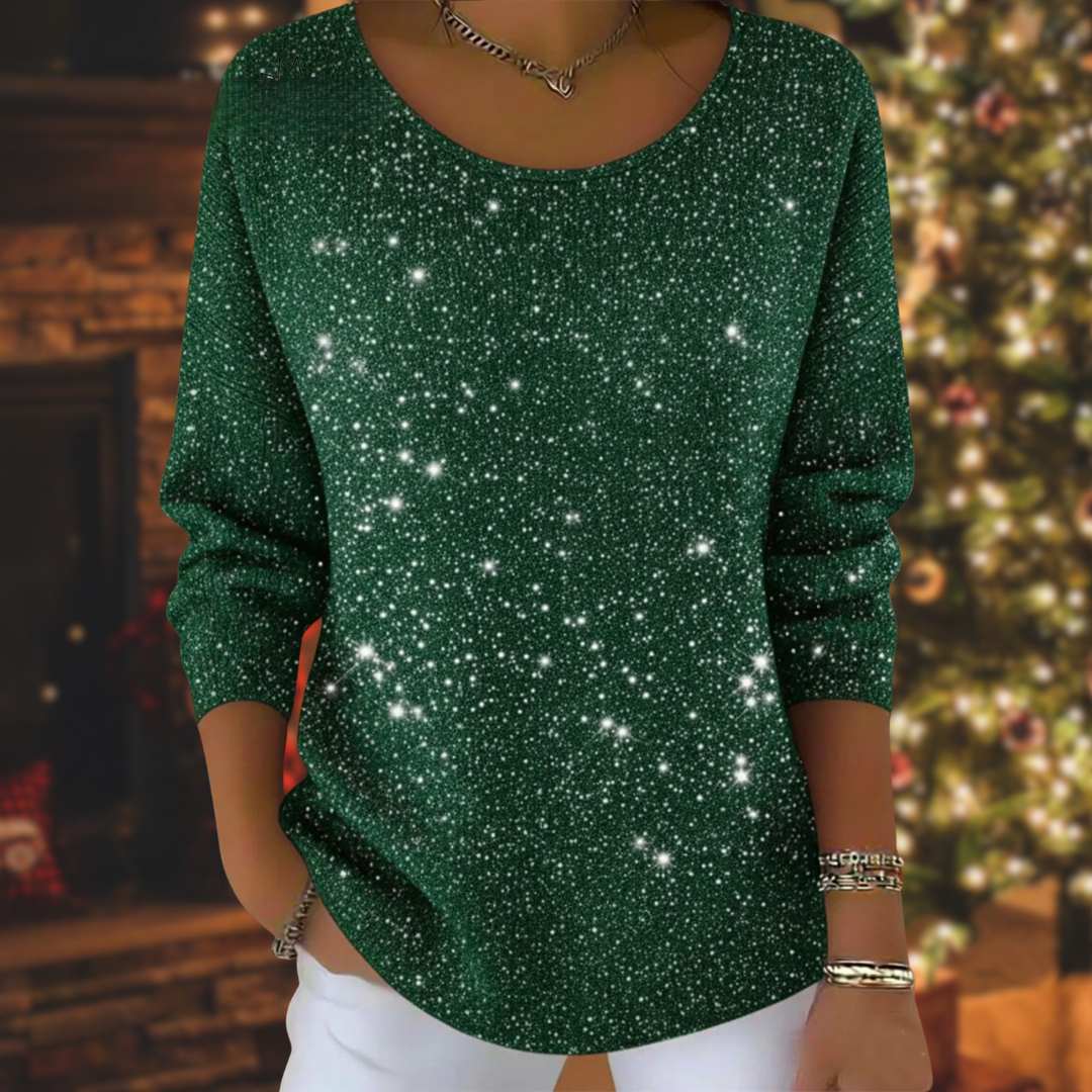 EWA | Świąteczny Blużek z Dzianiny z Brokatem i Okrągłym Dekoltem
