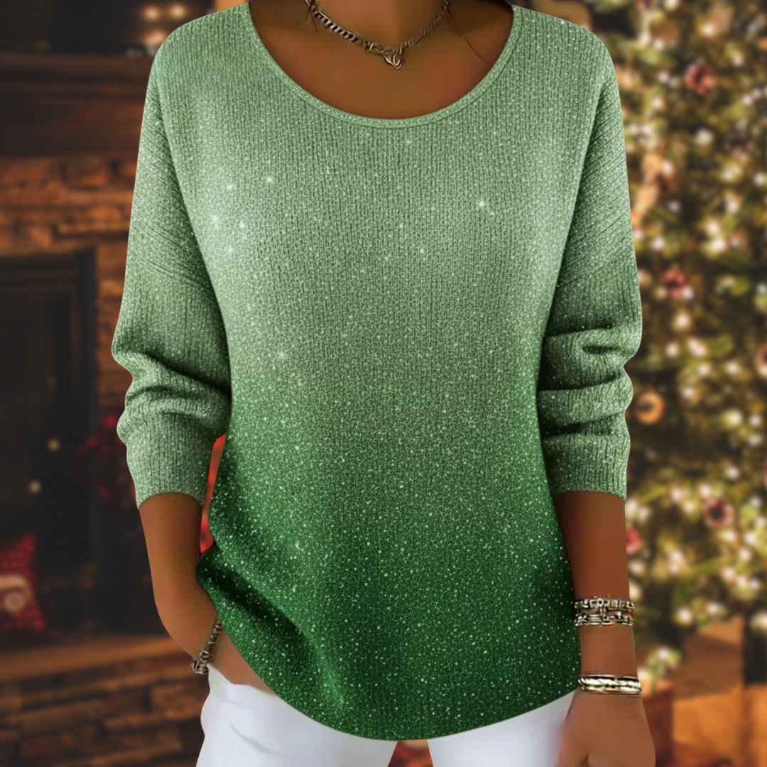 EWA | Świąteczny Blużek z Dzianiny z Brokatem i Okrągłym Dekoltem