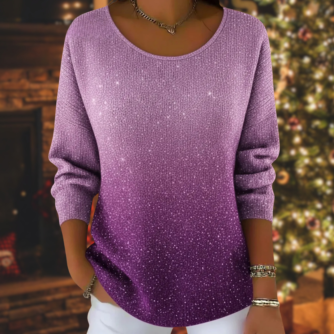 EWA | Świąteczny Blużek z Dzianiny z Brokatem i Okrągłym Dekoltem