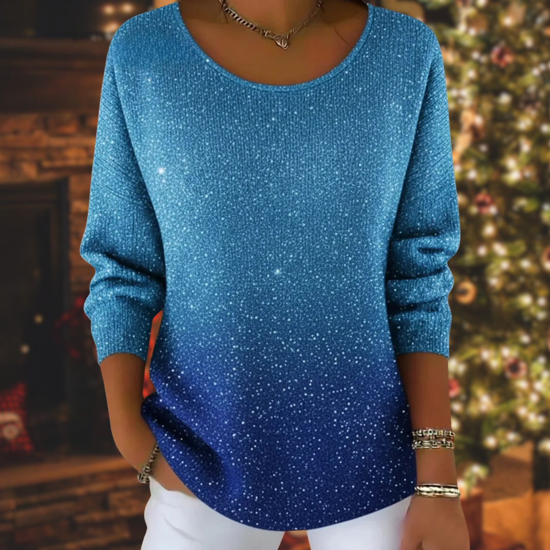 EWA | Świąteczny Blużek z Dzianiny z Brokatem i Okrągłym Dekoltem